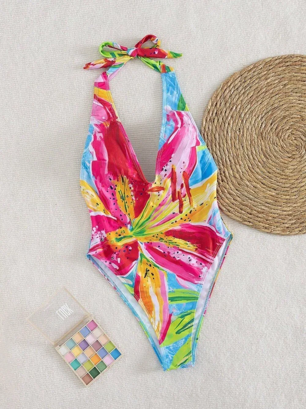 Multicolor Boho Sexy V-Neck Floral Print Halter Women's One-Piece Swimsuit